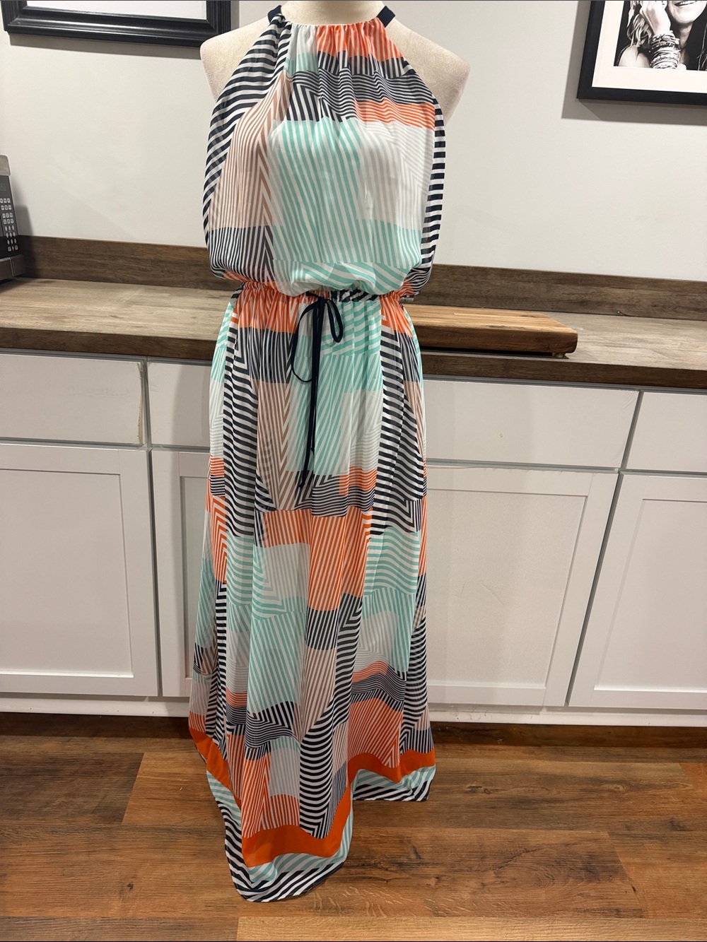 Vince Camuto Mint, Orange & Black Geometric Halter Maxi Dress size 6
